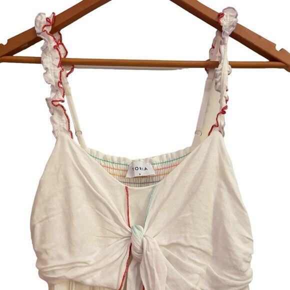 Storia Tahiti Twist Rainbow Trim Smocked Back Babydoll Mini Dress Small - Picture 4 of 12